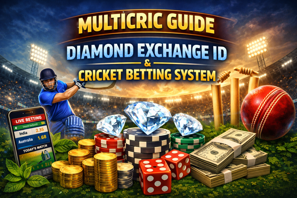 Multicric Guide banner showing Diamond Exchange ID and cricket betting system with cricket player, stadium, and betting elements.